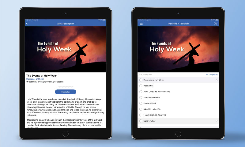 Screenshots from ScripturePlus of a Reading Plan's info page and home screen.