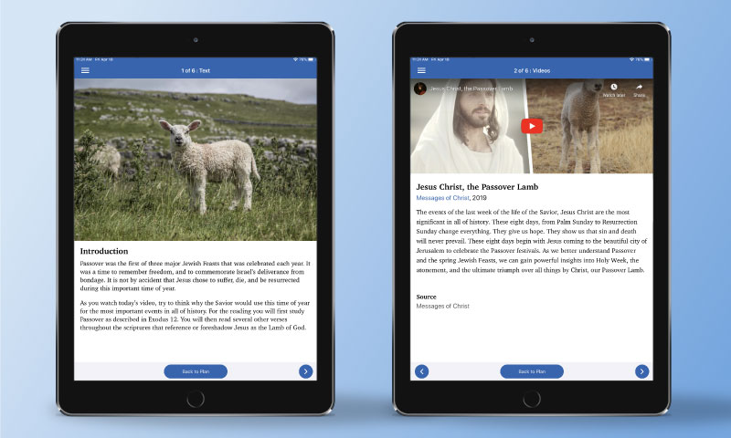 Screenshots from ScripturePlus of reading assignments such as scriptures, videos, and questions to ponder.