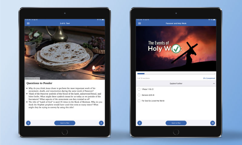 Screenshots from ScripturePlus of reading assignments such as scriptures, videos, and questions to ponder.